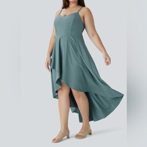 Halara Breezeful Shirred High Low Flowy Midi Dress Stone Blue Size Large NWT